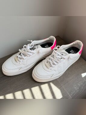 P448 White Sneakers with Pink Heel Tab